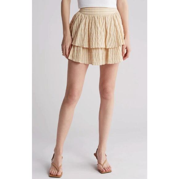 Urban Social Skirt XL Butter Yellow Plaid Tiered Mini Lightweight Preppy Summer - Picture 3 of 12